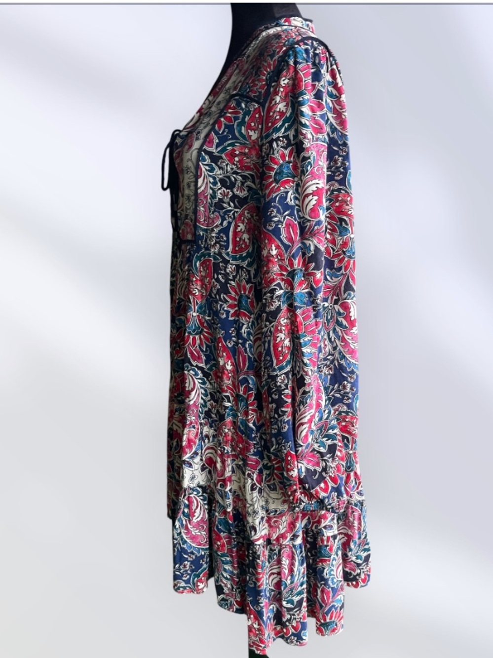 Anthropologie Spliced Tunic Dress Boho Floral Tie-Neck Mini Dress in Red / Blue - Picture 6 of 9